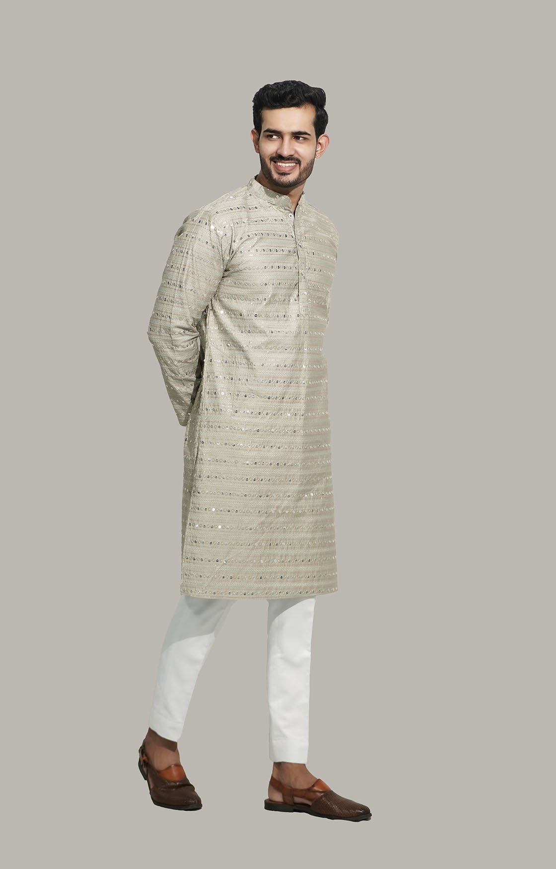 Light Green Men’s Sequence Shimmer Malai Kurta