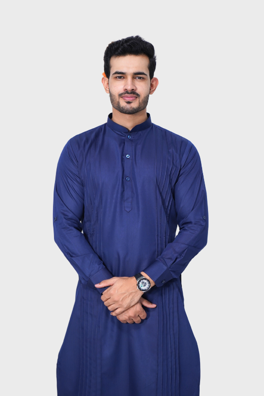 Cotton Giza Long Kurta Pleeted – Navy Blue