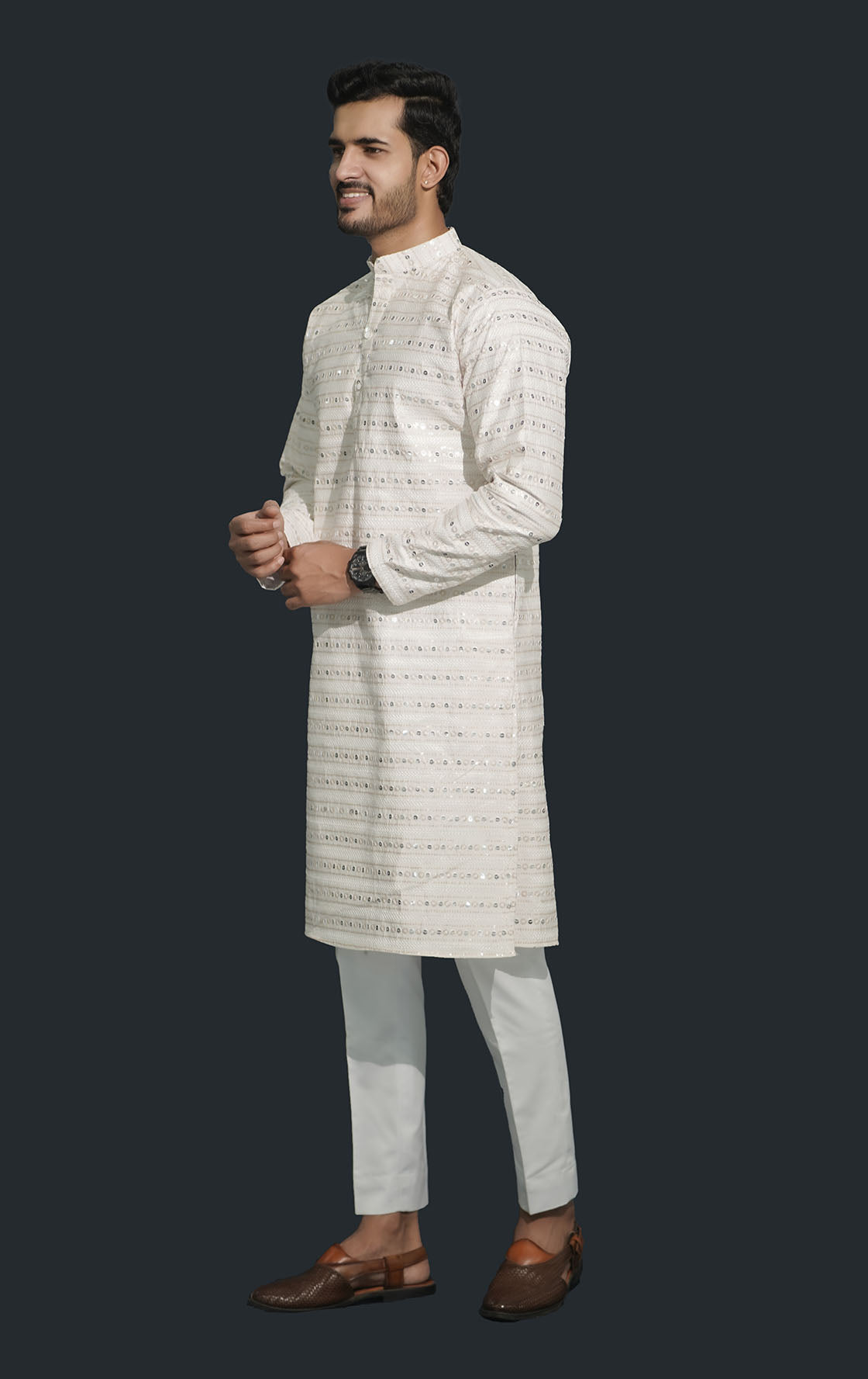 White Men’s Sequence Shimmer Malai Kurta