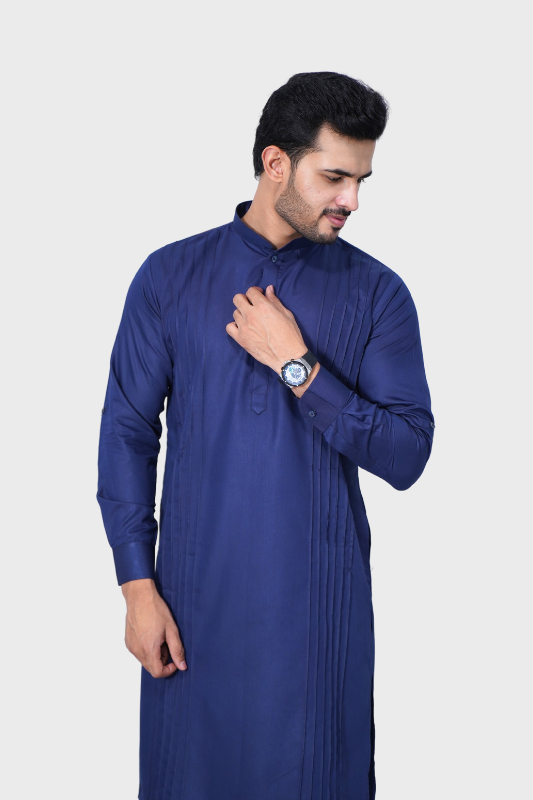 Cotton Giza Long Kurta Pleeted – Navy Blue