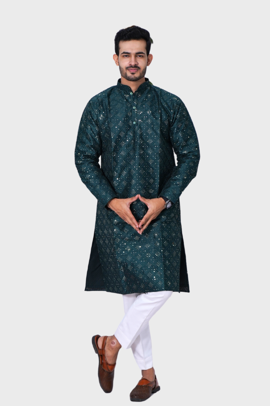 Square Sequence Malai Kurta- Bottle Green