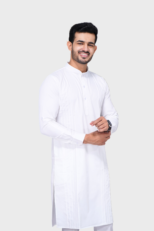 Cotton Giza Long Kurta Pleeted. – Silky White