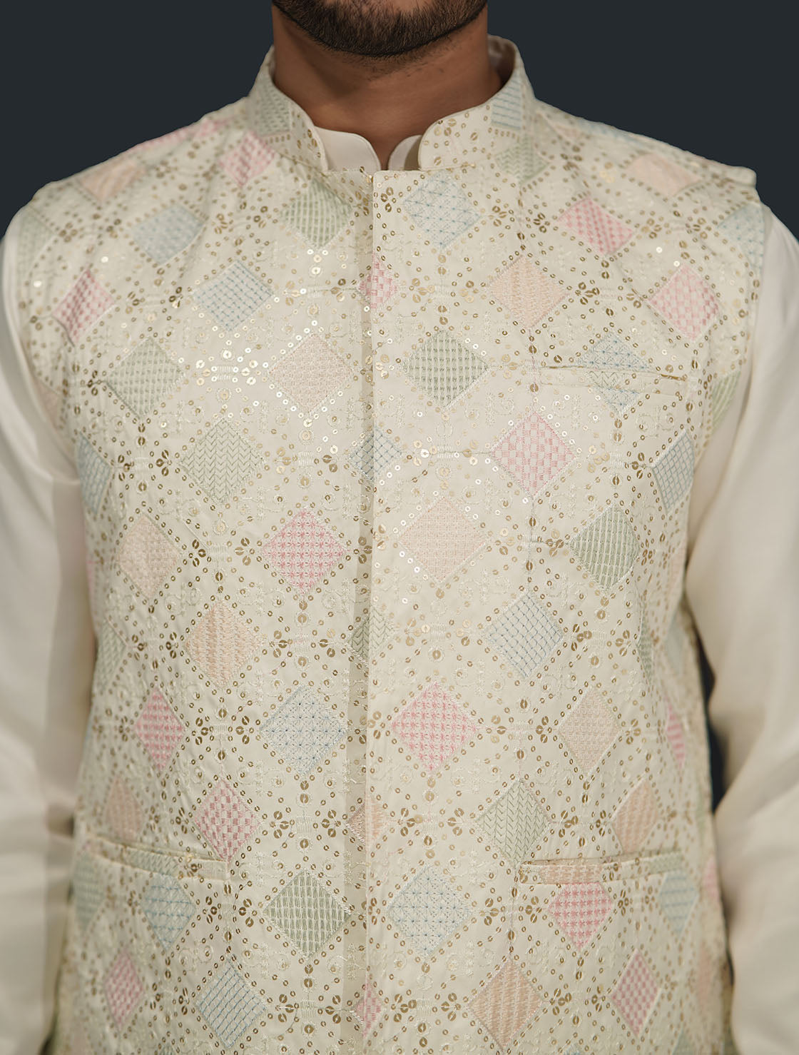 Off White Mens Kurta, Pajama & Square Sequence Jacket