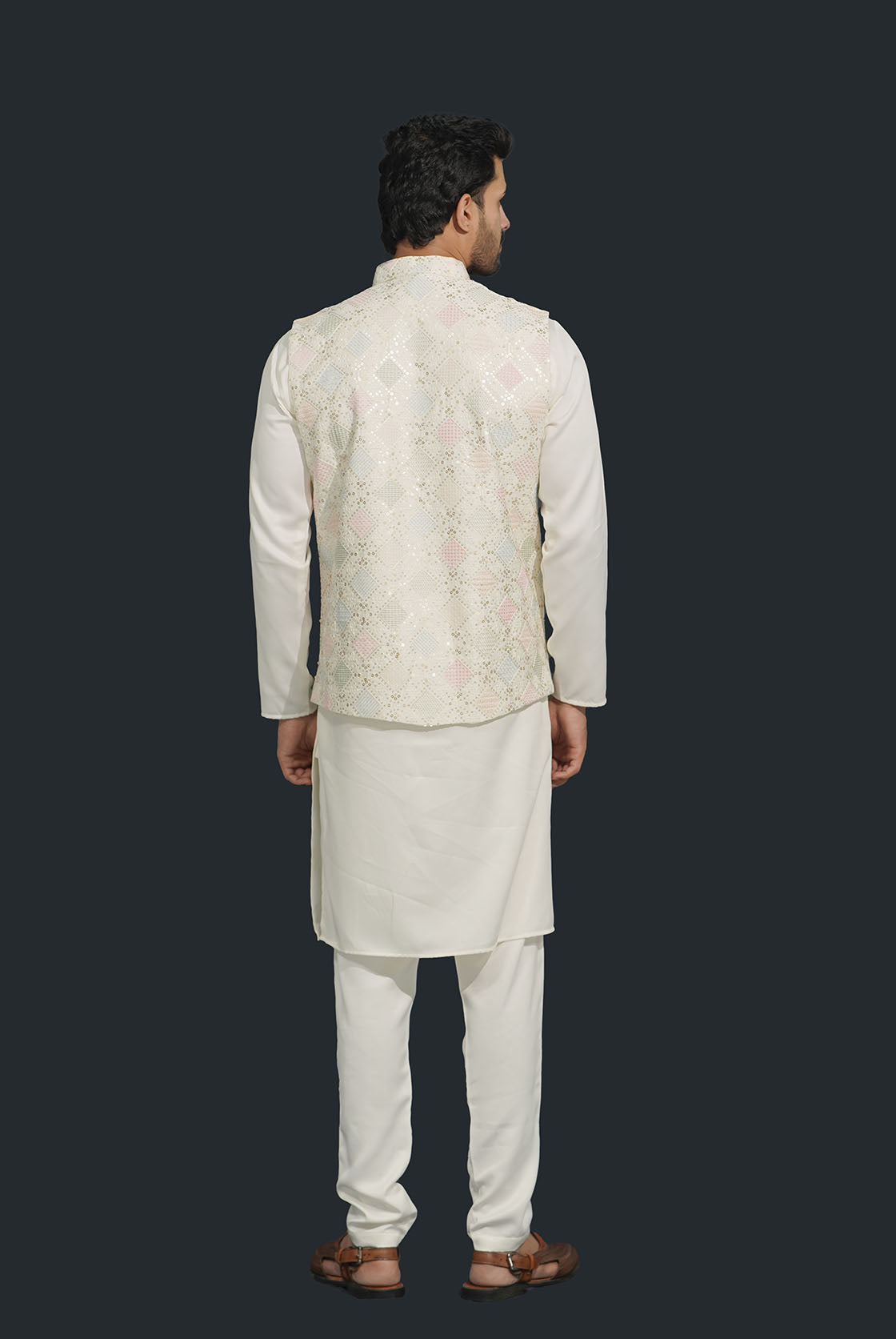 Off White Mens Kurta, Pajama & Square Sequence Jacket
