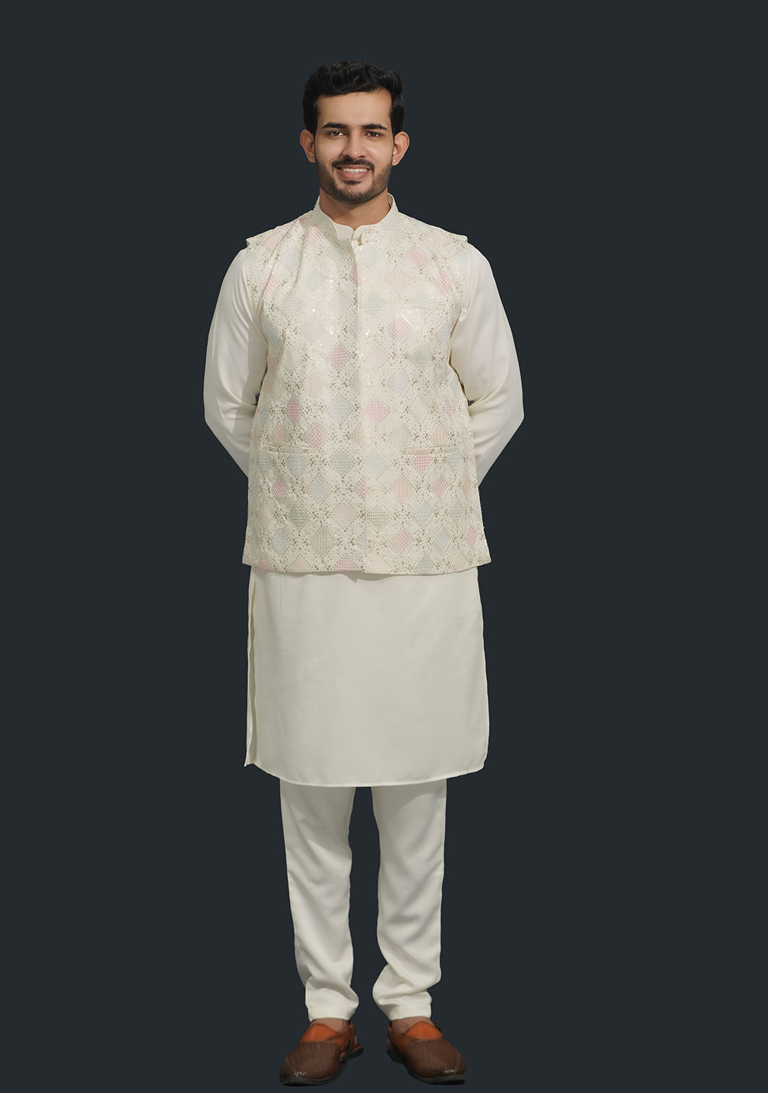 Off White Mens Kurta, Pajama & Square Sequence Jacket