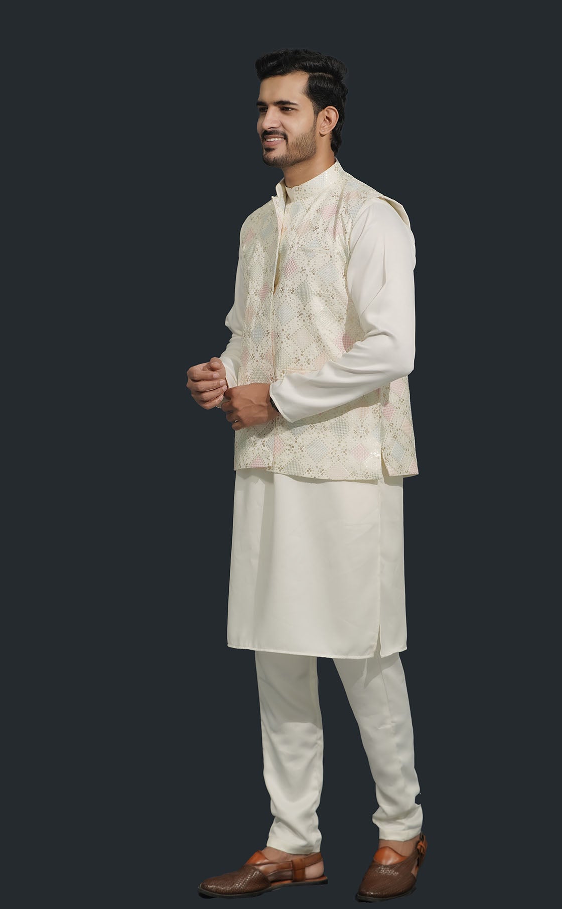 Off White Mens Kurta, Pajama & Square Sequence Jacket