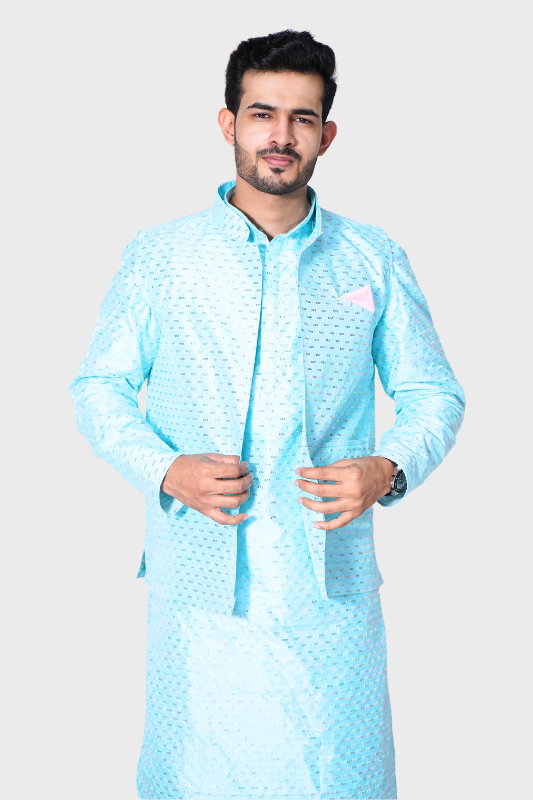 Straight Sequence Malai Kurta, Jacket & Pajama- Breezy Blue