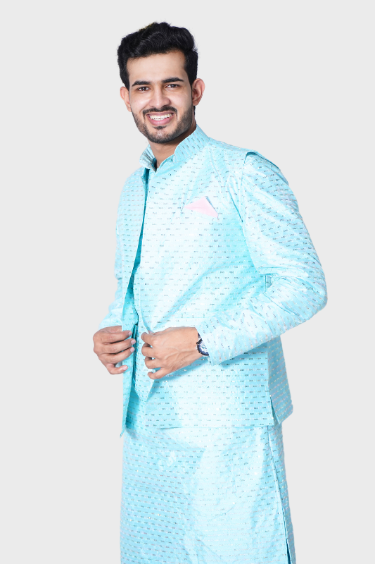 Straight Sequence Malai Kurta, Jacket & Pajama- Breezy Blue