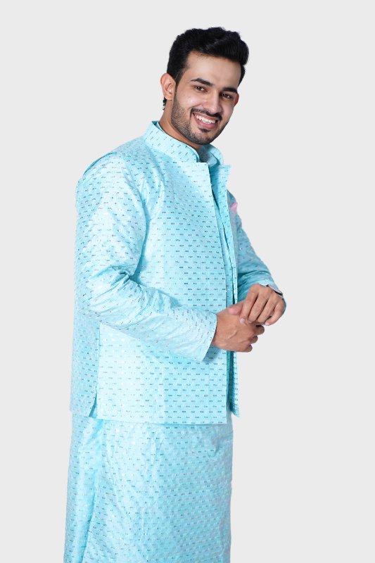 Straight Sequence Malai Kurta, Jacket & Pajama- Breezy Blue