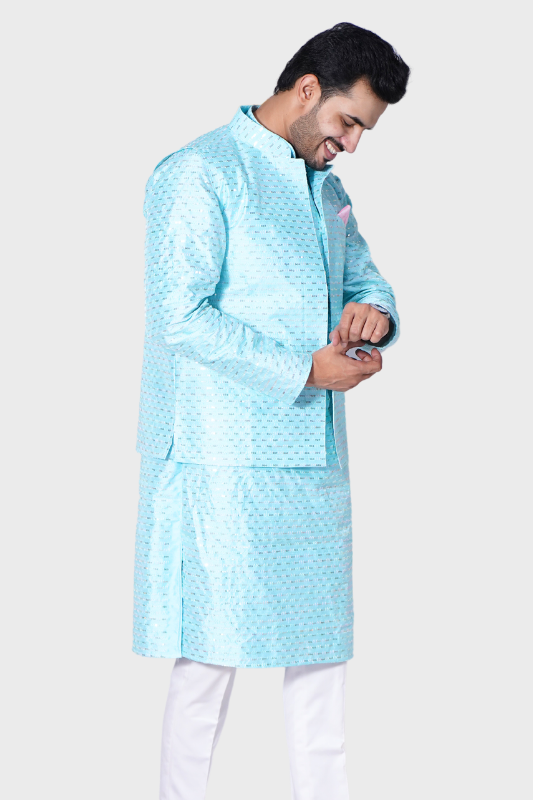 Straight Sequence Malai Kurta, Jacket & Pajama- Breezy Blue