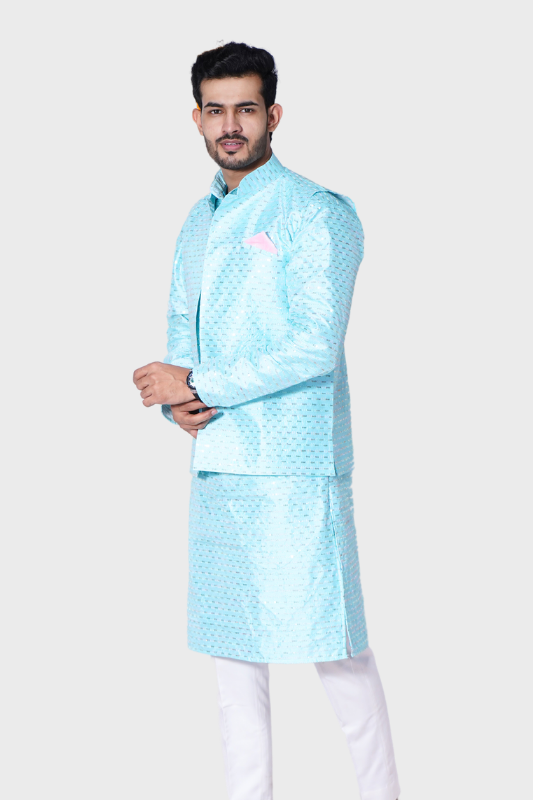 Straight Sequence Malai Kurta, Jacket & Pajama- Breezy Blue