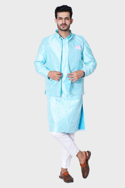 Straight Sequence Malai Kurta, Jacket & Pajama- Breezy Blue