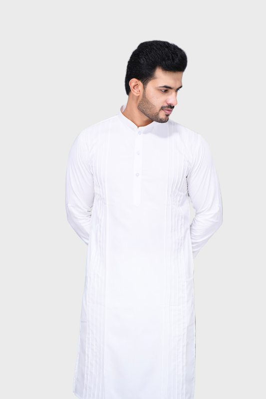 Cotton Giza Long Kurta Pleeted. – Silky White