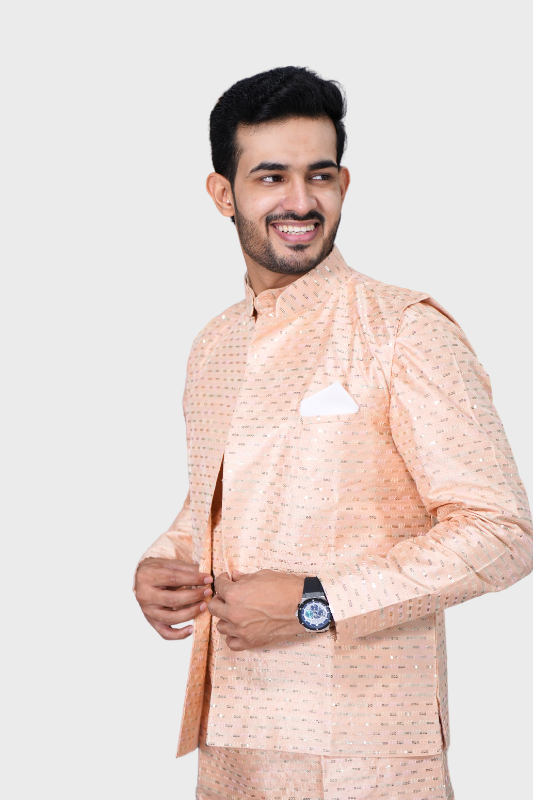 Straight Sequence Malai Kurta, Jacket & Pajama- Rose Brown
