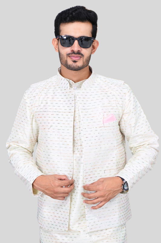 Straight Sequence  Malai Kurta, Jacket & Pajama- Mint Essence