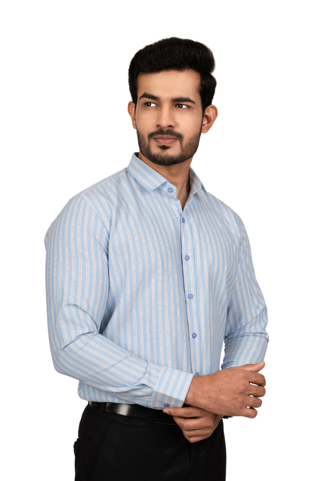Baby Blue Men's Shirt With White And Black Stripes