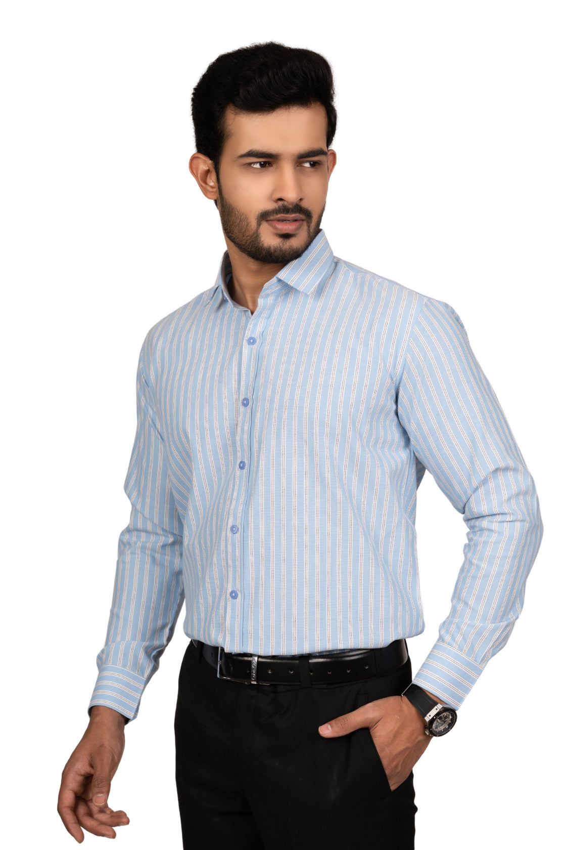 Baby Blue Men's Shirt With White And Black Stripes