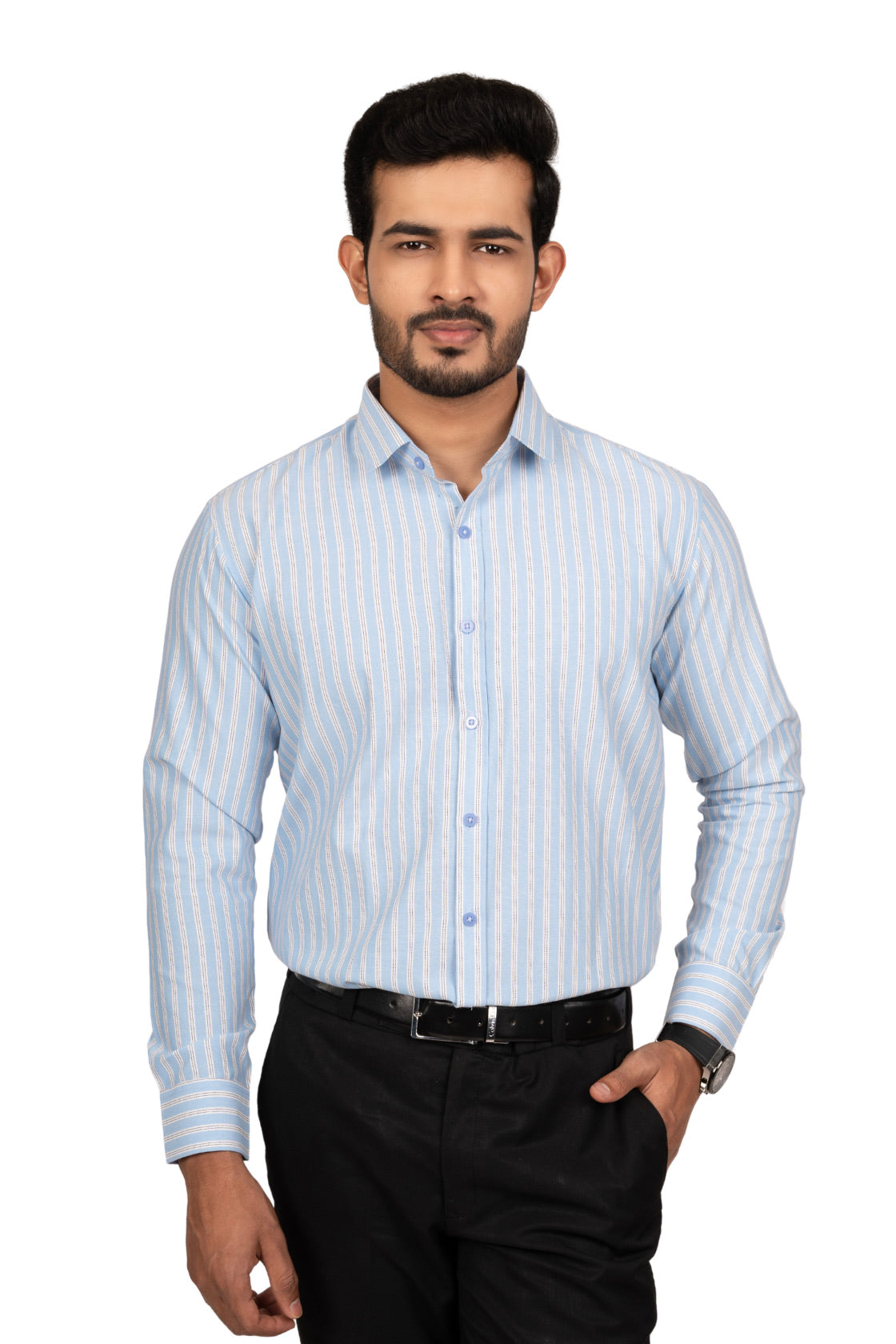 Baby Blue Men's Shirt With White And Black Stripes