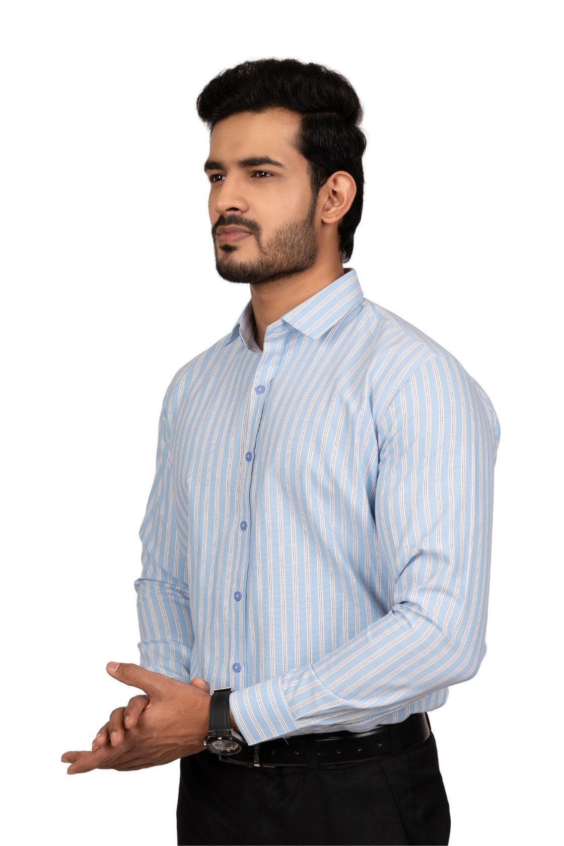 Baby Blue Men's Shirt With White And Black Stripes