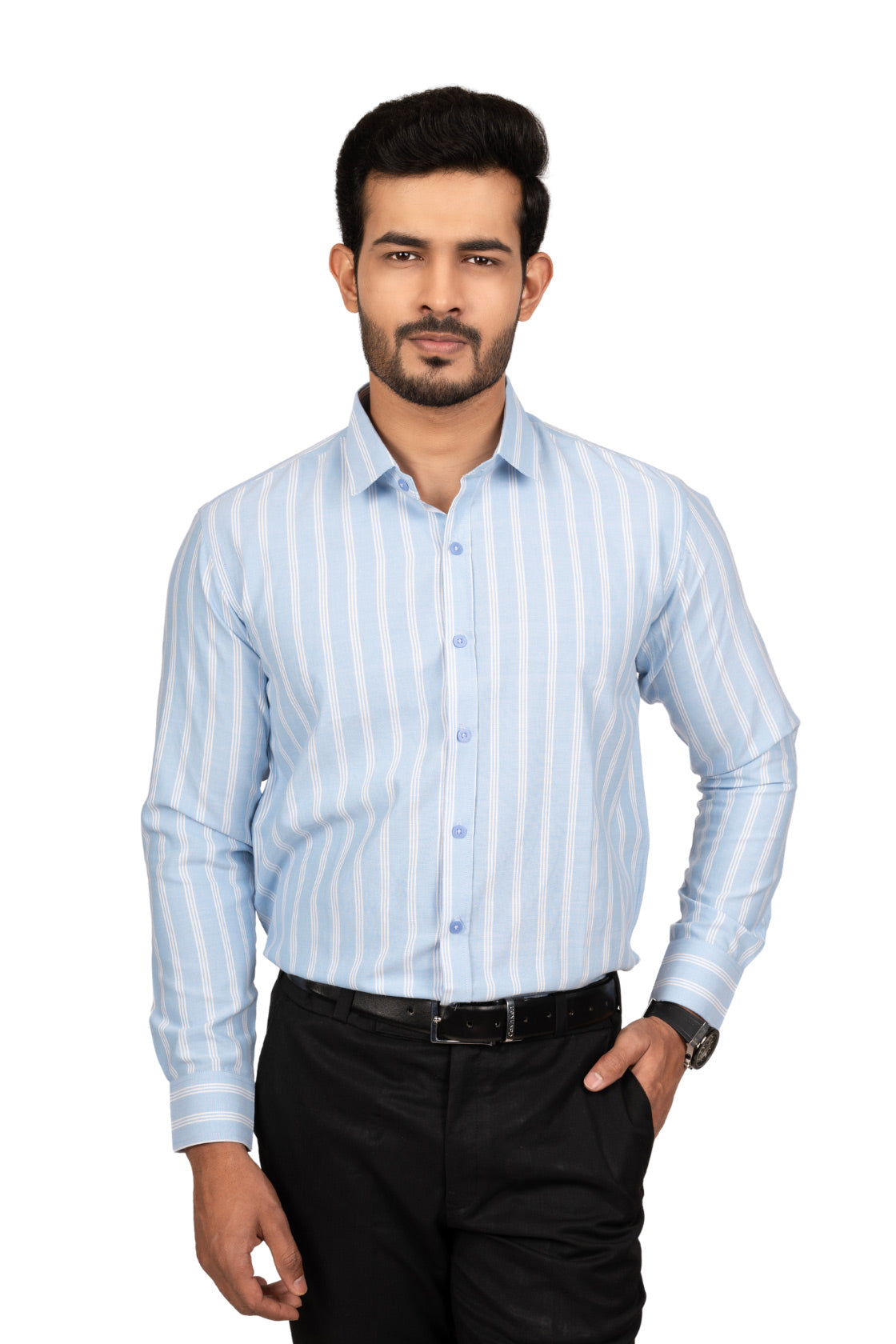 Baby Blue Men's Shirt With White Stripes