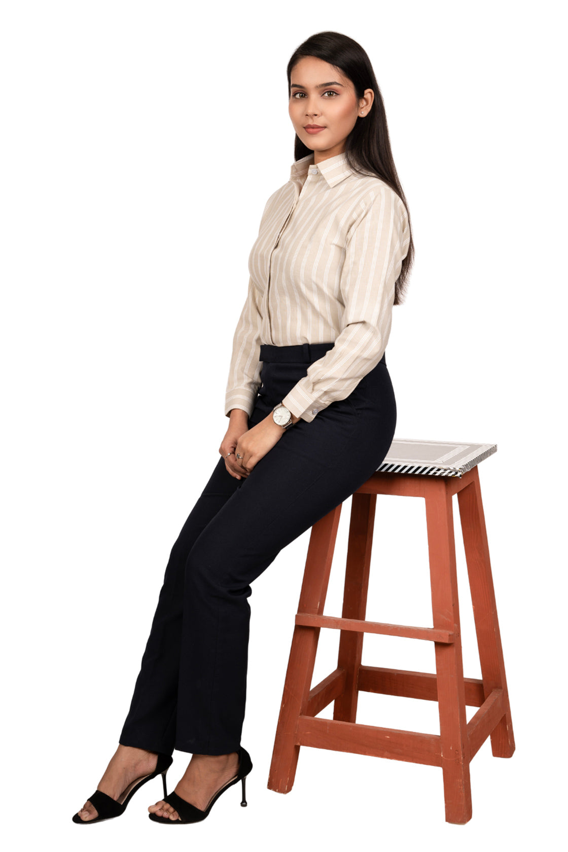 Classic Beige Women's Shirt with white stripes