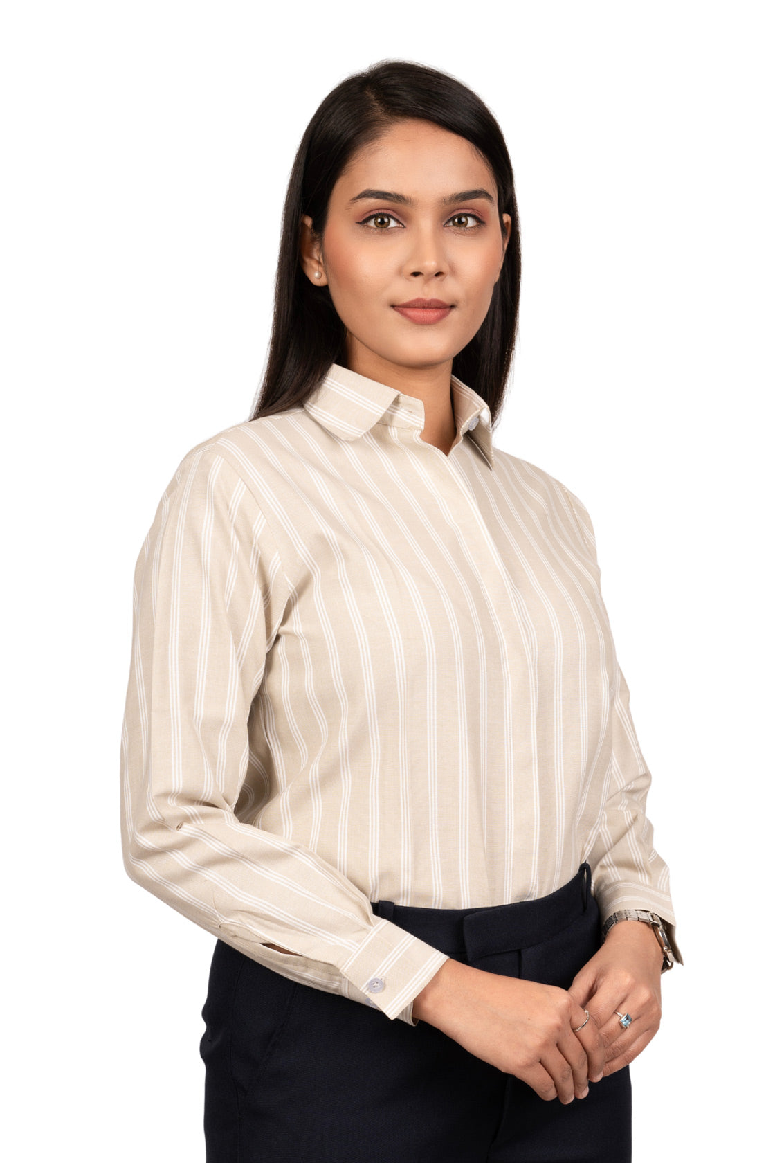 Classic Beige Women's Shirt with white stripes