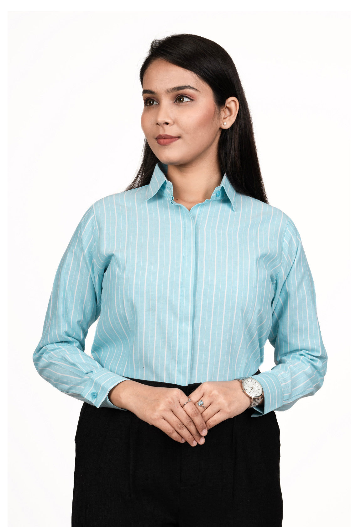 Fresh Blue Women's Shirt With White Stripes
