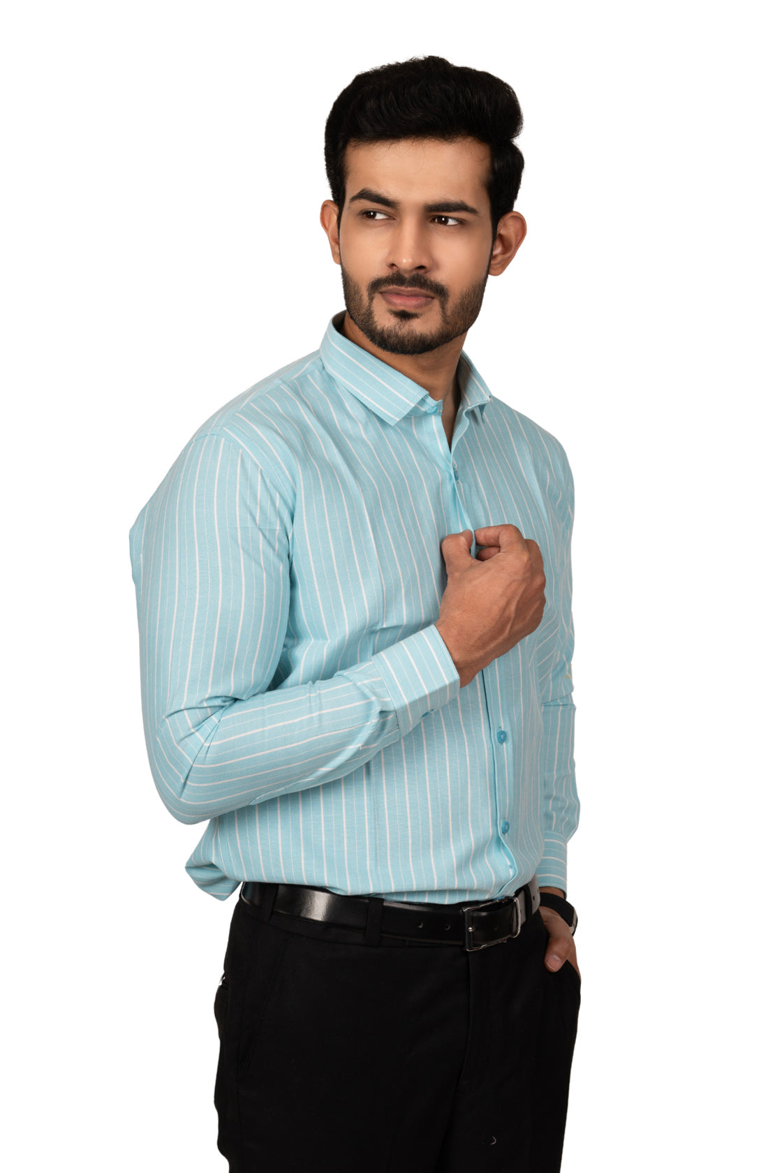 Fresh Blue Men's Shirt With White Stripes