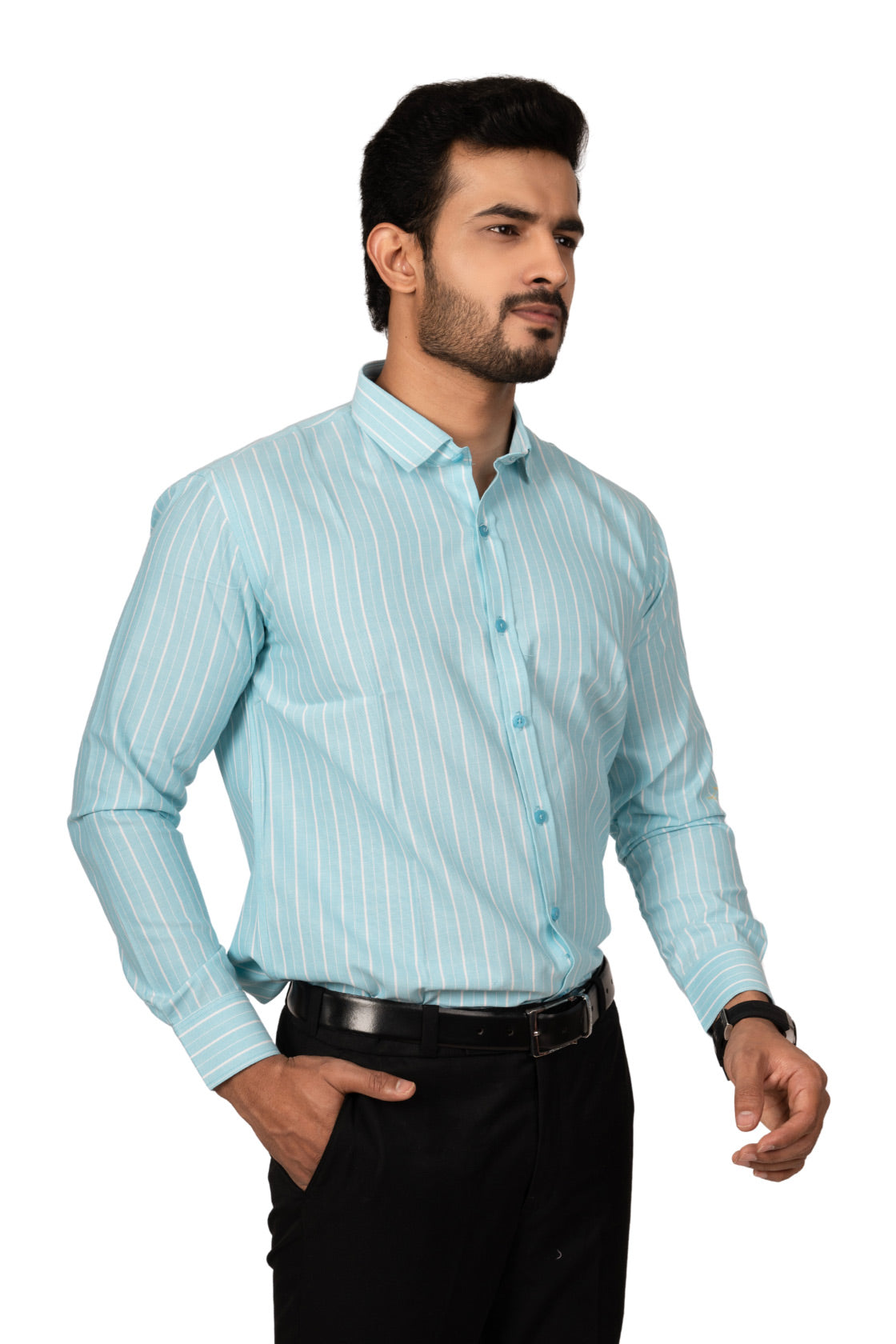 Fresh Blue Men's Shirt With White Stripes