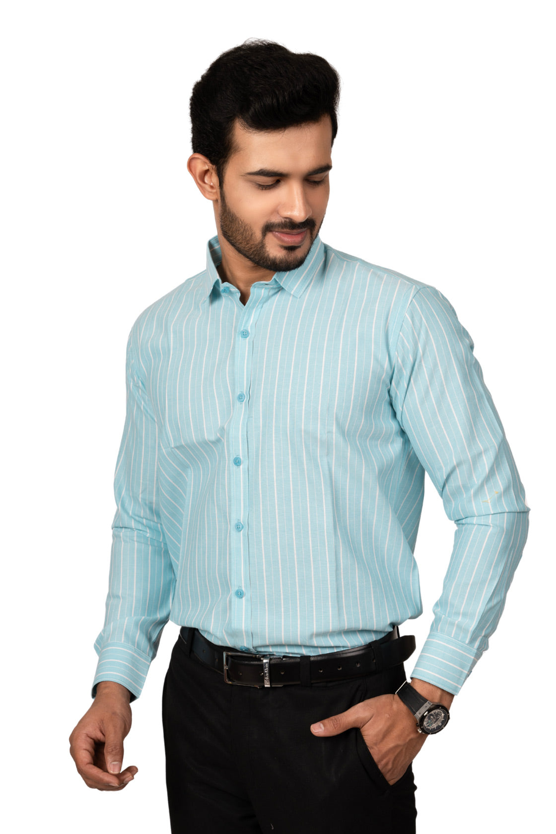 Fresh Blue Men's Shirt With White Stripes