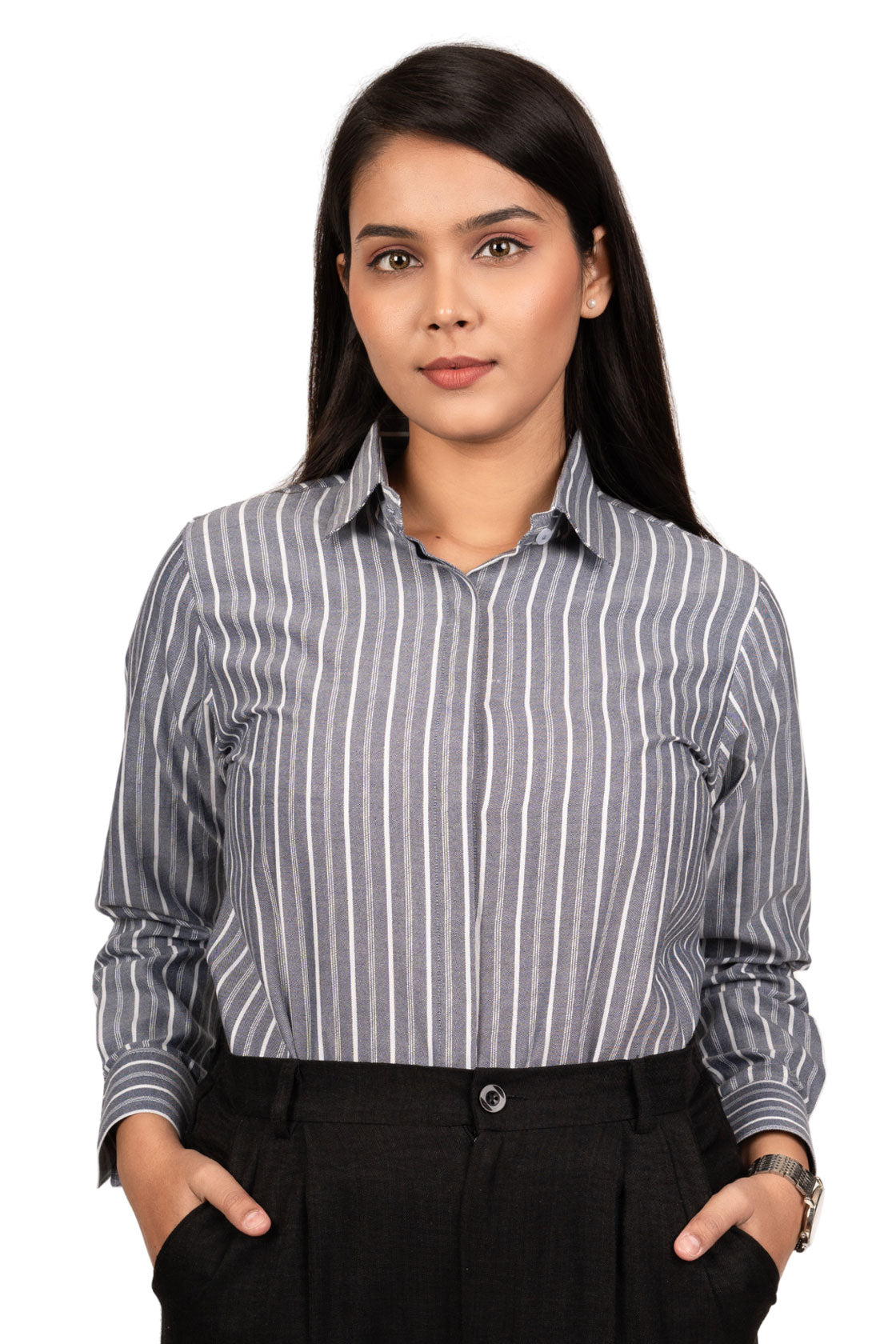 Steel Grey Women's Shirt With White Stripes
