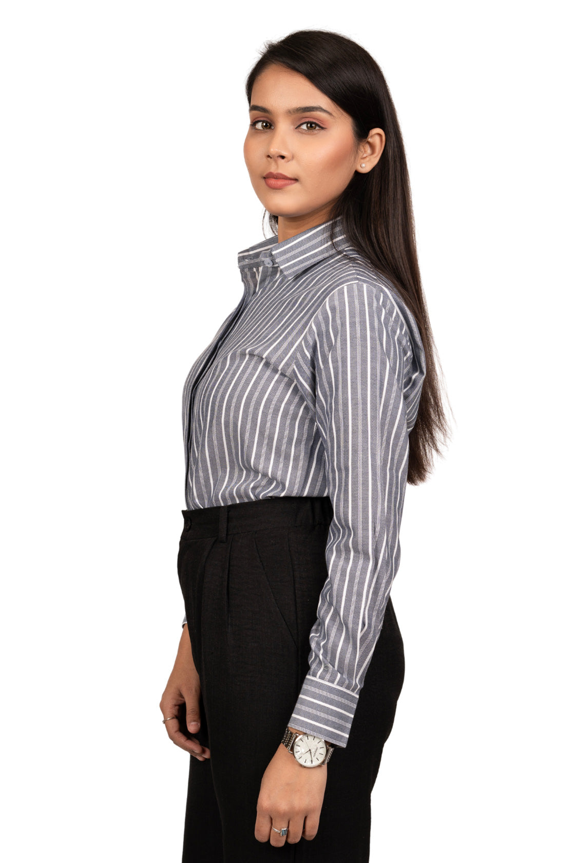 Steel Grey Women's Shirt With White Stripes