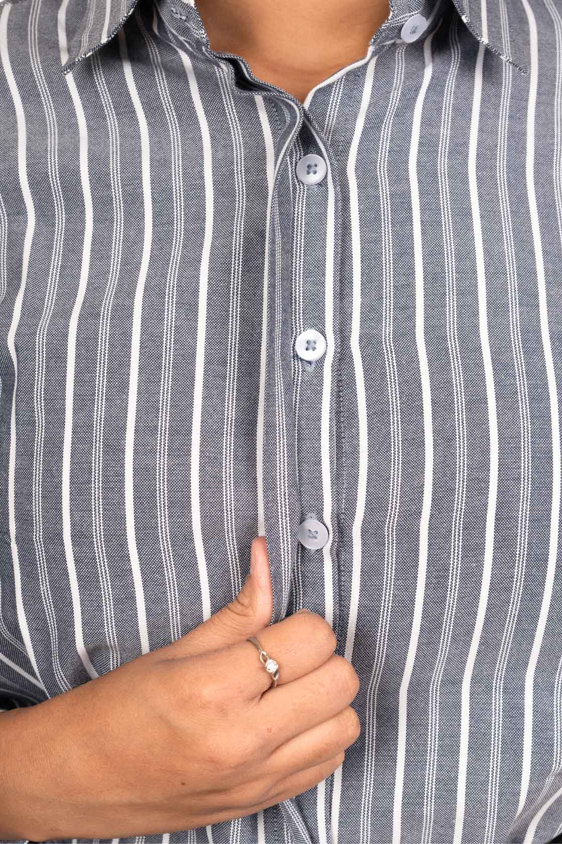 Steel Grey Women's Shirt With White Stripes