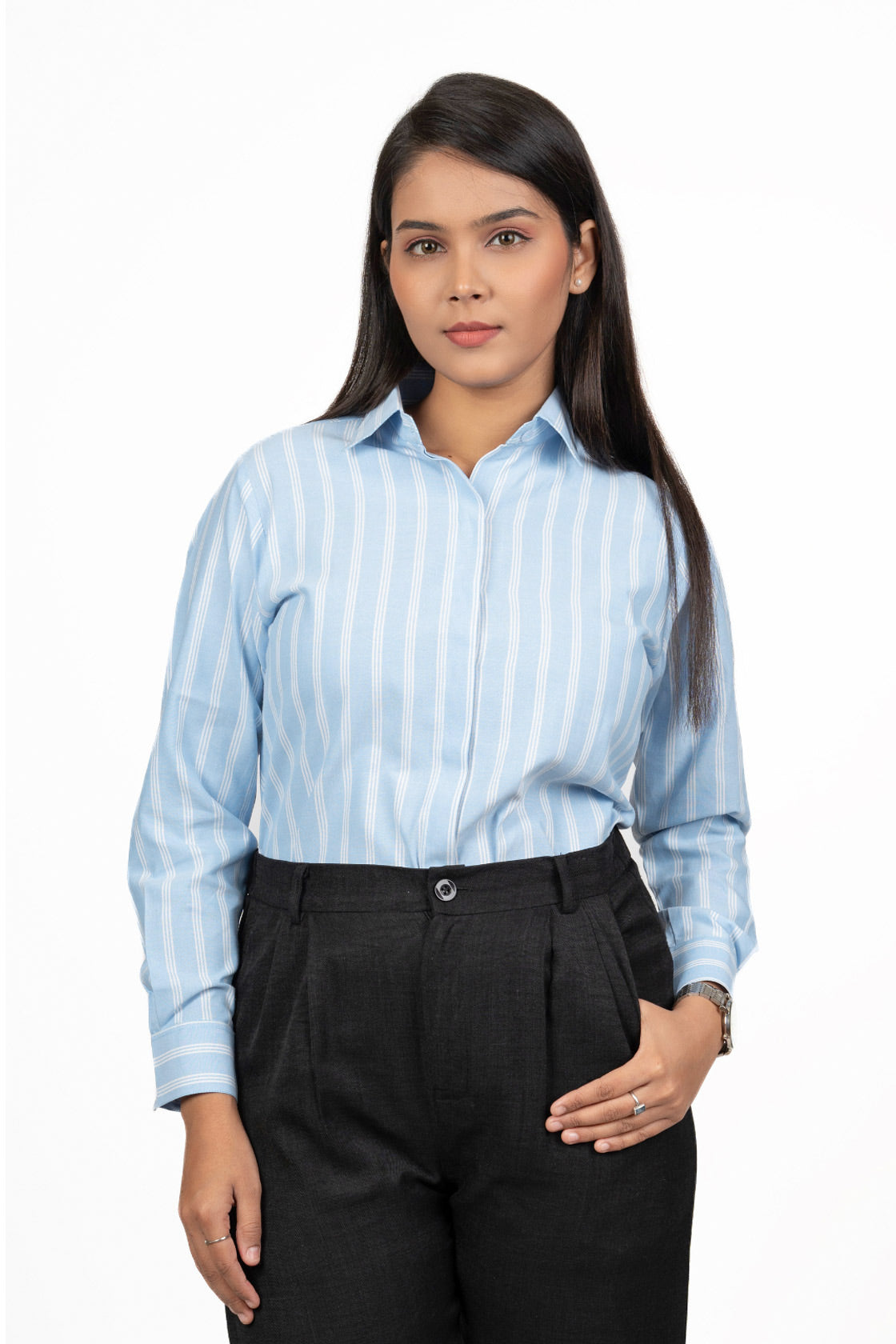 Baby Blue Women’s Shirt With White Stripes