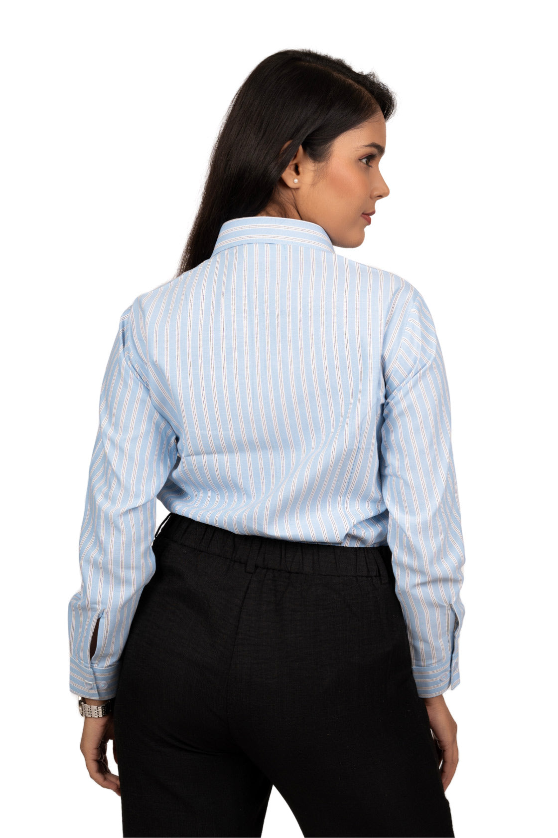 Baby Blue Women’s Shirt With White And Black Stripes