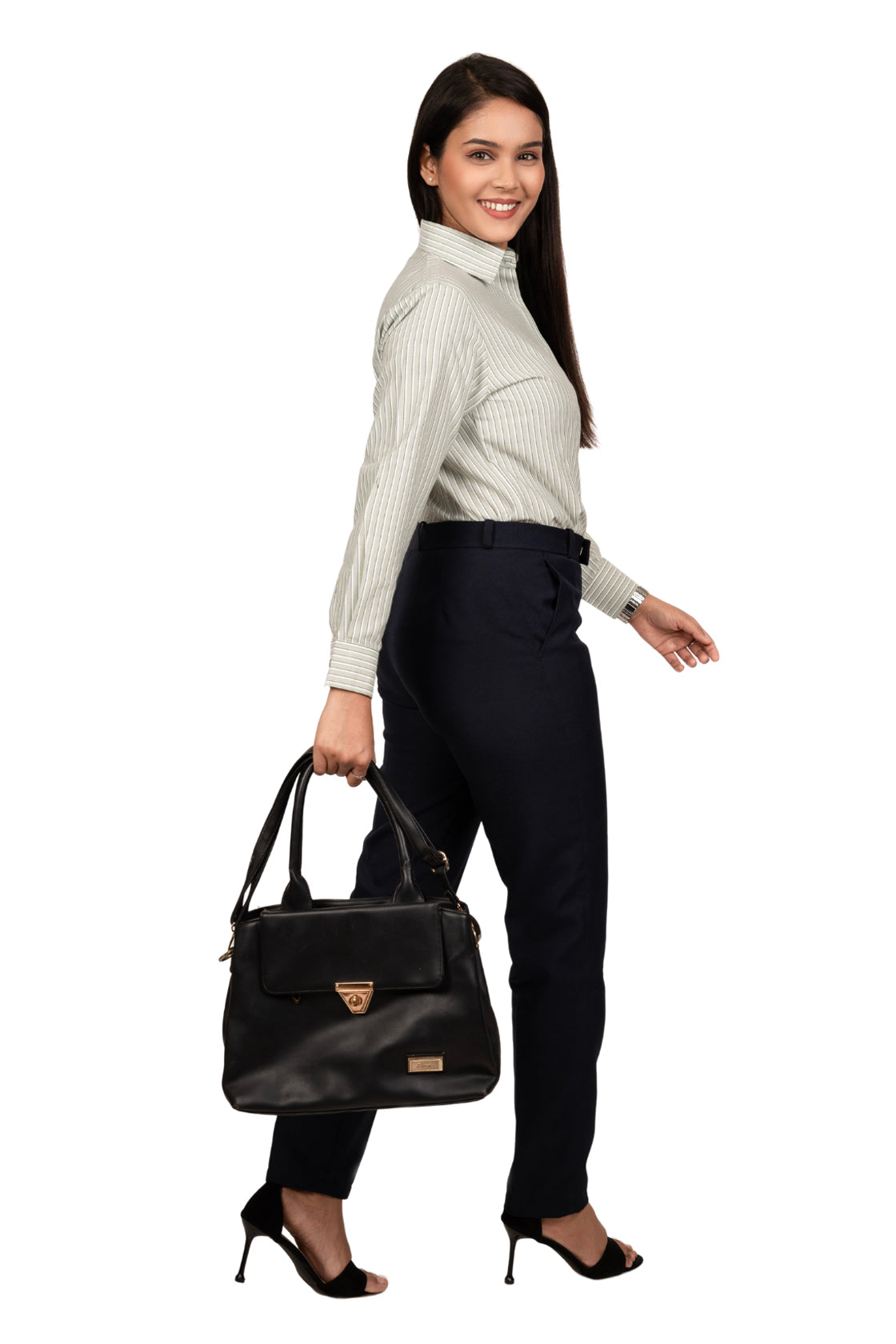 Pistachio Green Women's Shirt With White & Black Stripes