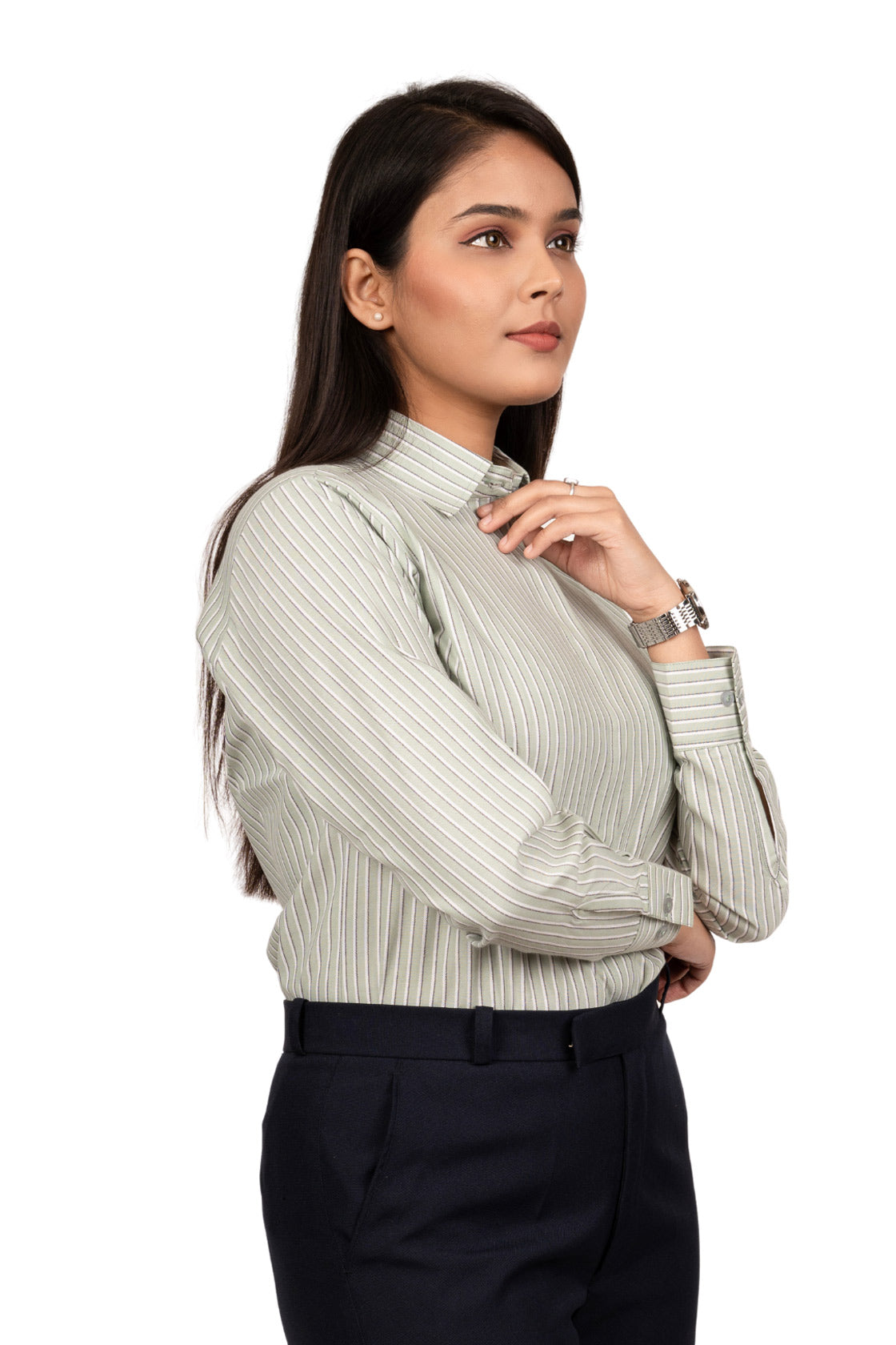 Pistachio Green Women's Shirt With White & Black Stripes
