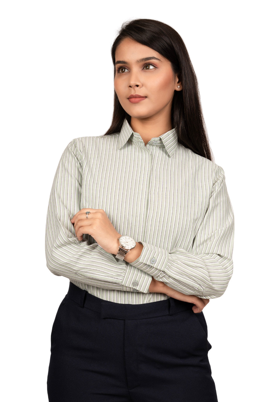 Pistachio Green Women's Shirt With White & Black Stripes