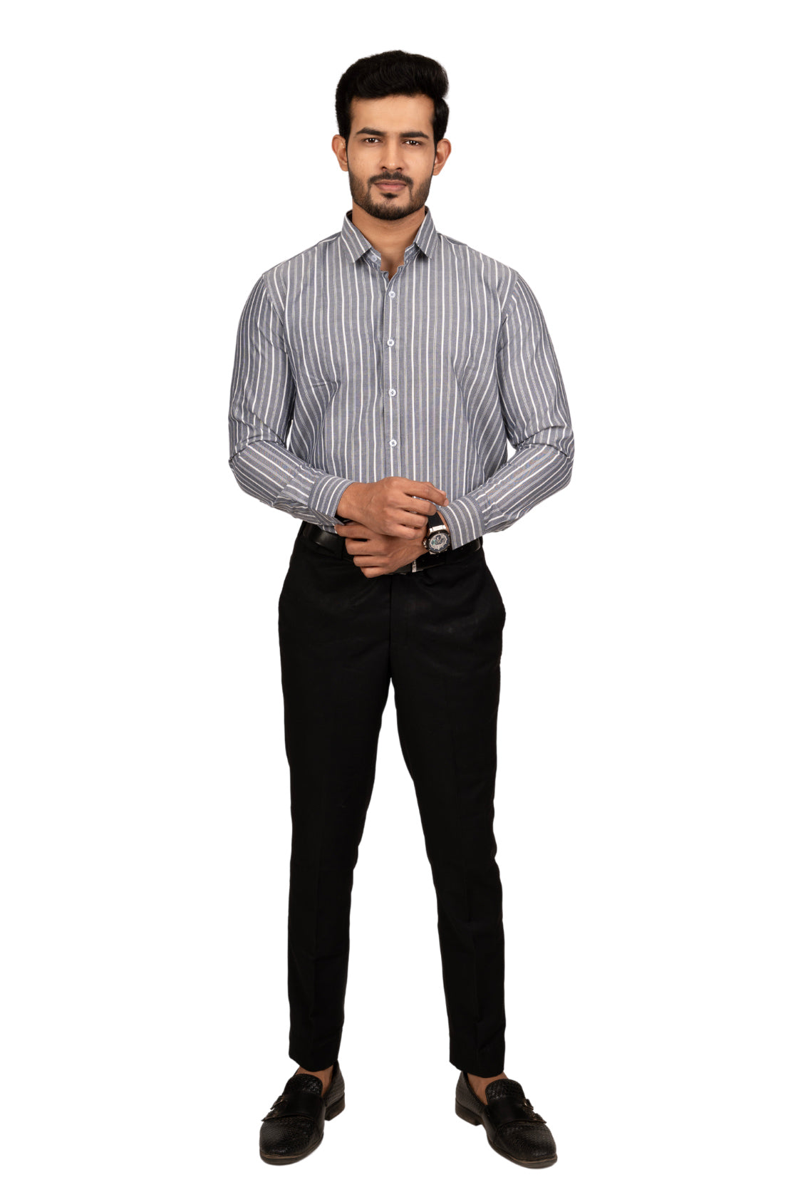 Steel Grey Men's Shirt With White Stripes
