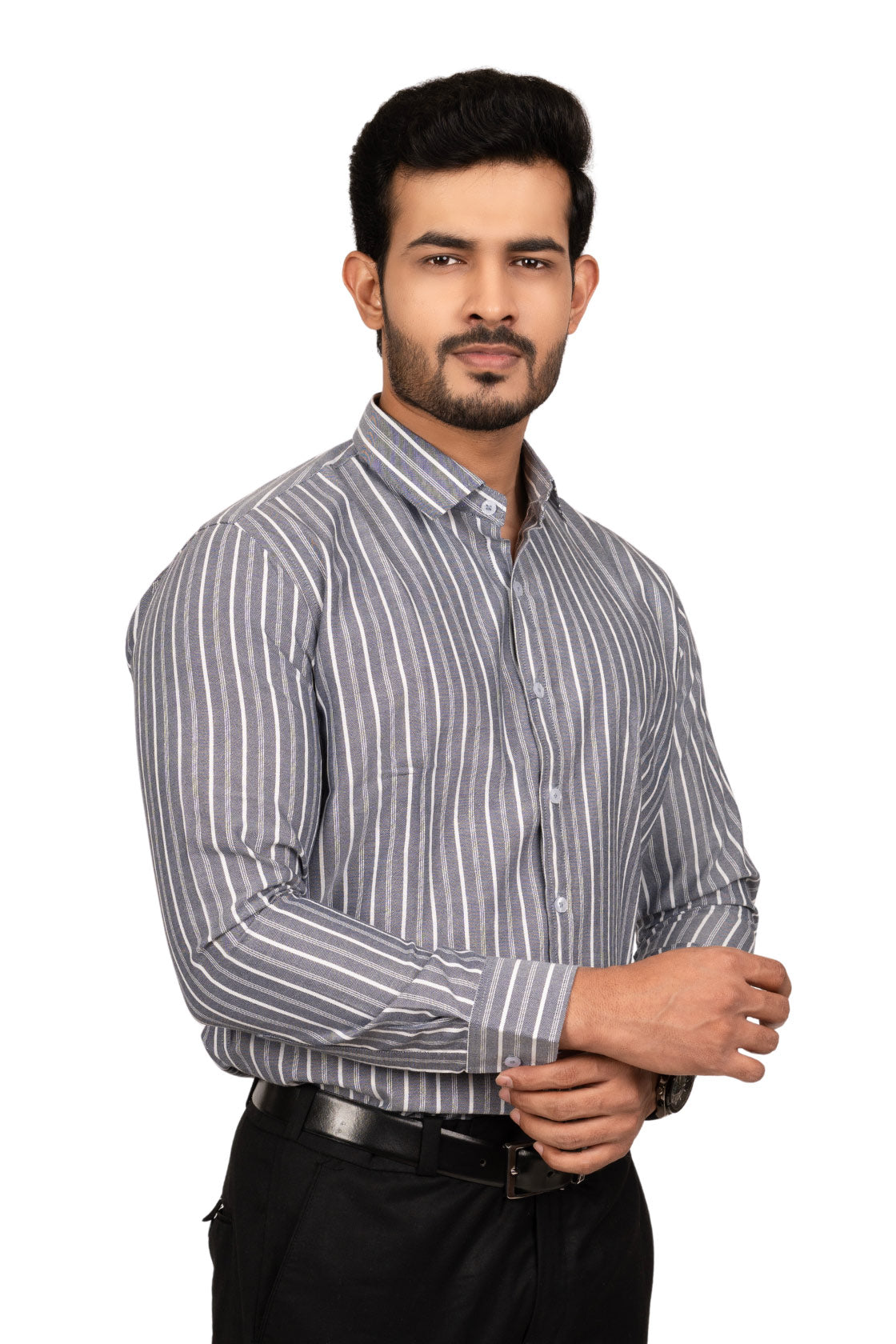 Steel Grey Men's Shirt With White Stripes