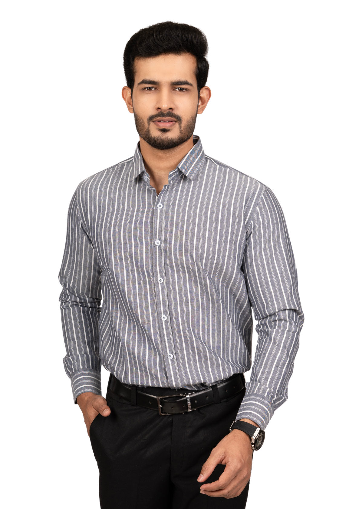 Steel Grey Men's Shirt With White Stripes