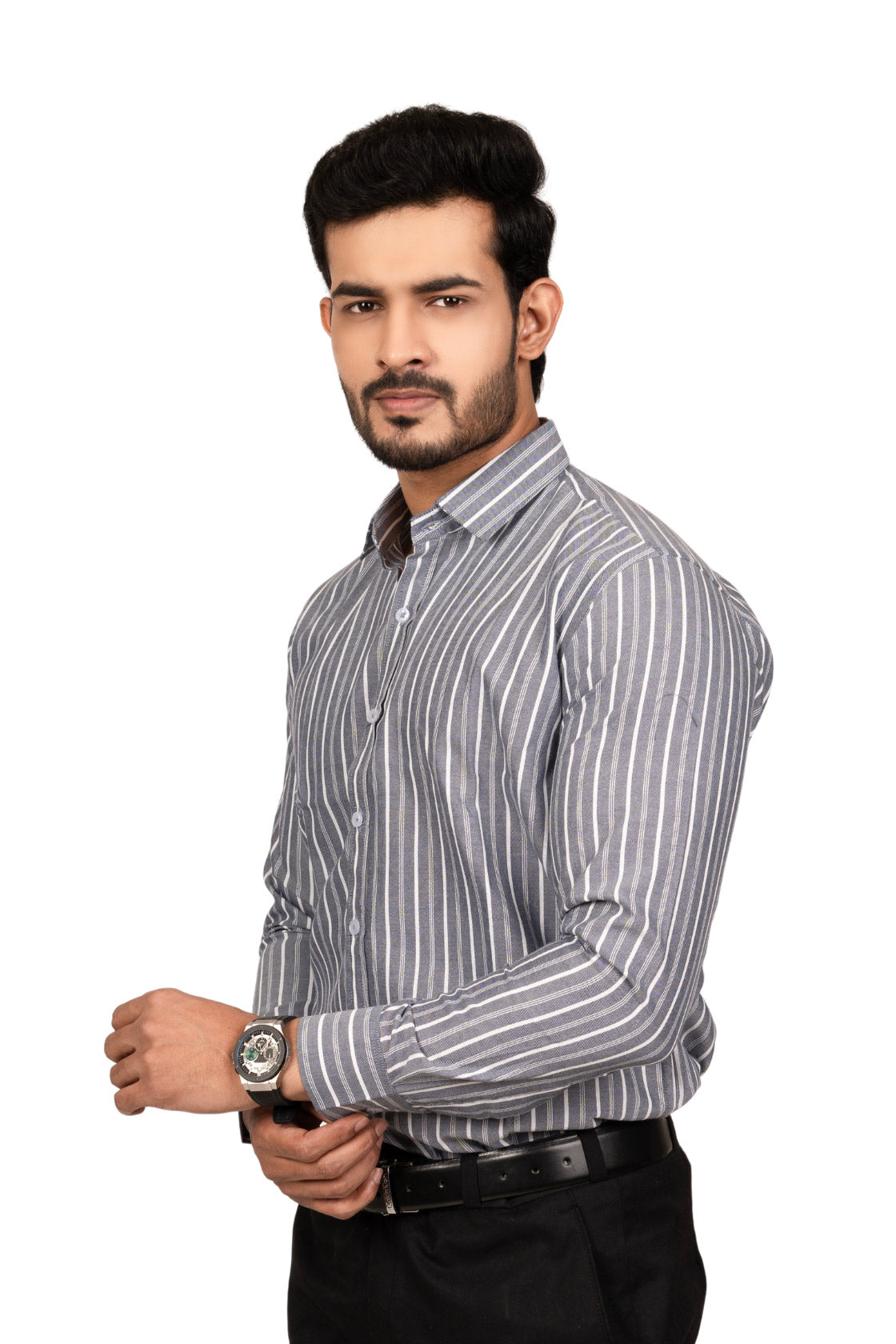 Steel Grey Men's Shirt With White Stripes