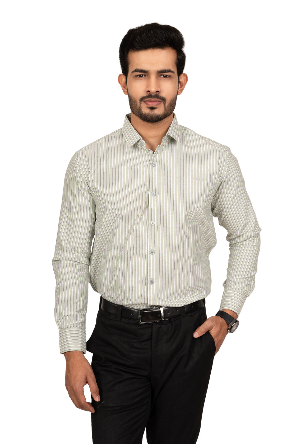 Pistachio Green Men's Shirt With White & Black Stripes
