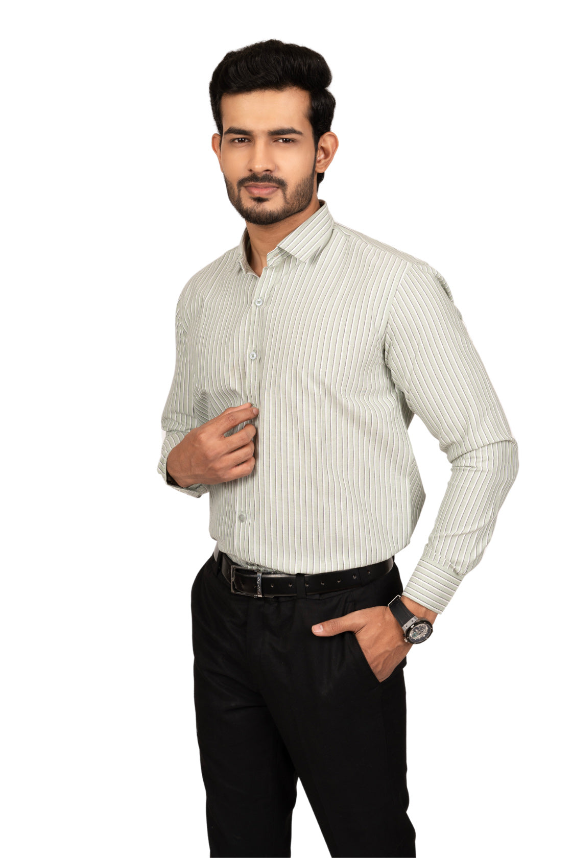 Pistachio Green Men's Shirt With White & Black Stripes