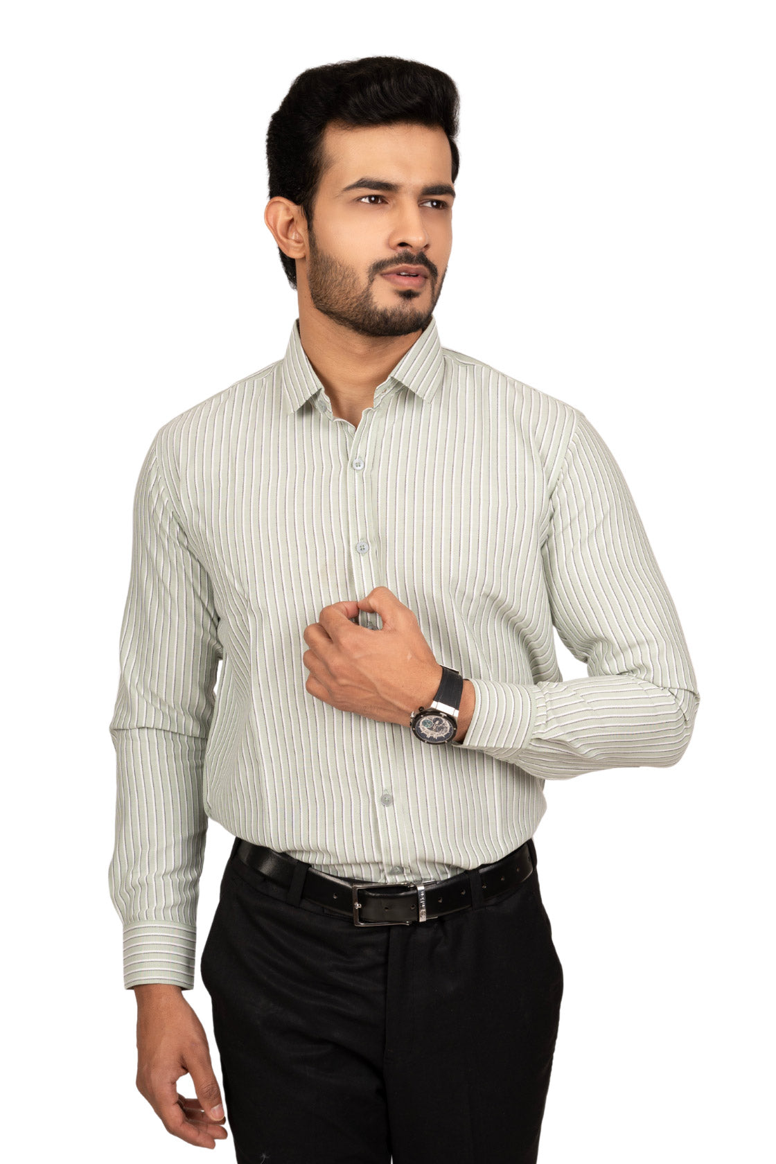 Pistachio Green Men's Shirt With White & Black Stripes