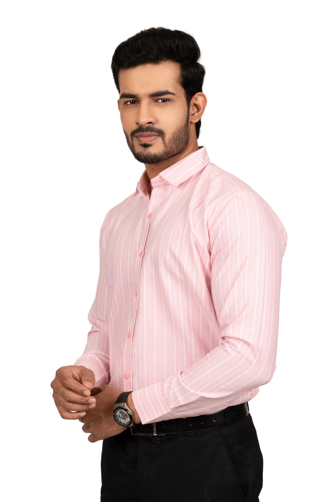 Rose Pink Men's Shirt With White Stripes