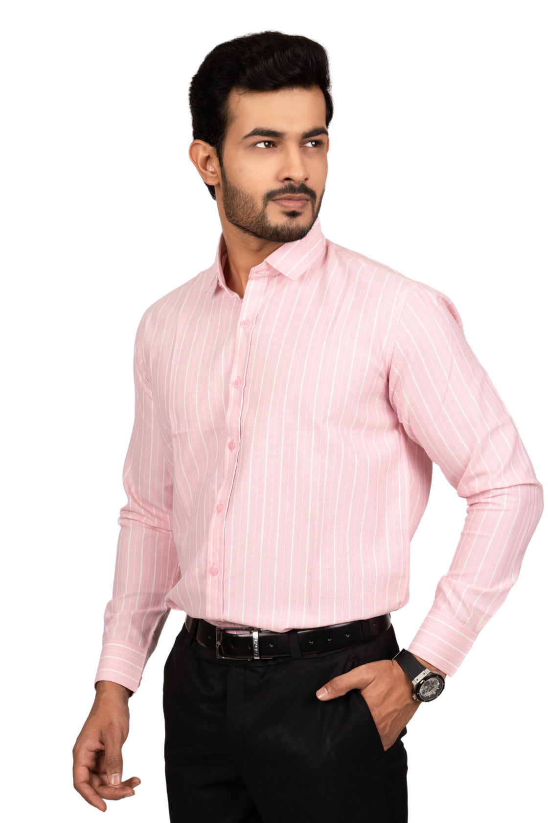 Rose Pink Men's Shirt With White Stripes