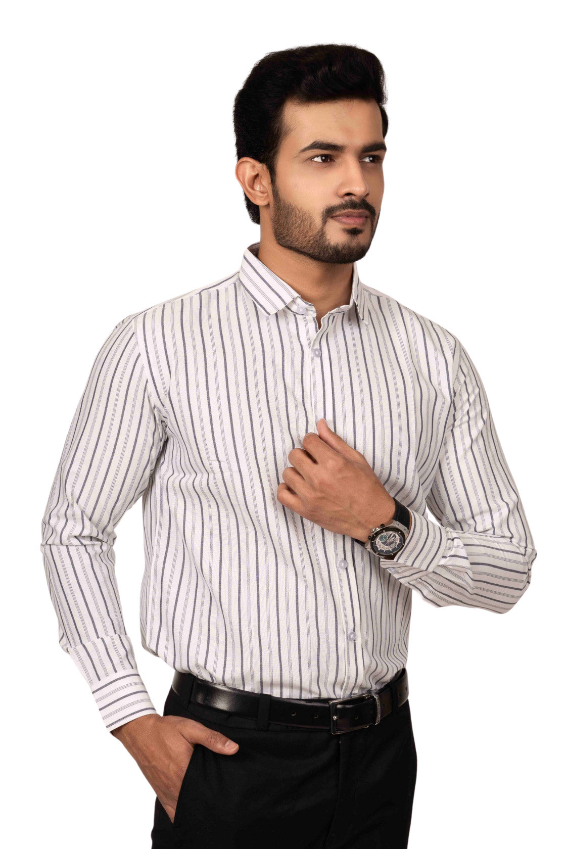 Classic White Men's Shirt With Black And White Stripes