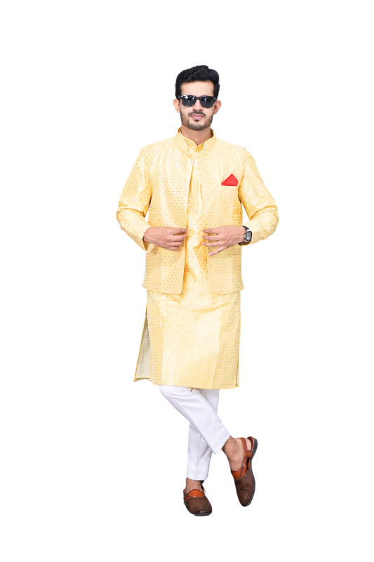 Straight Sequence Malai Kurta, Jacket & Pajama- Royal Yellow