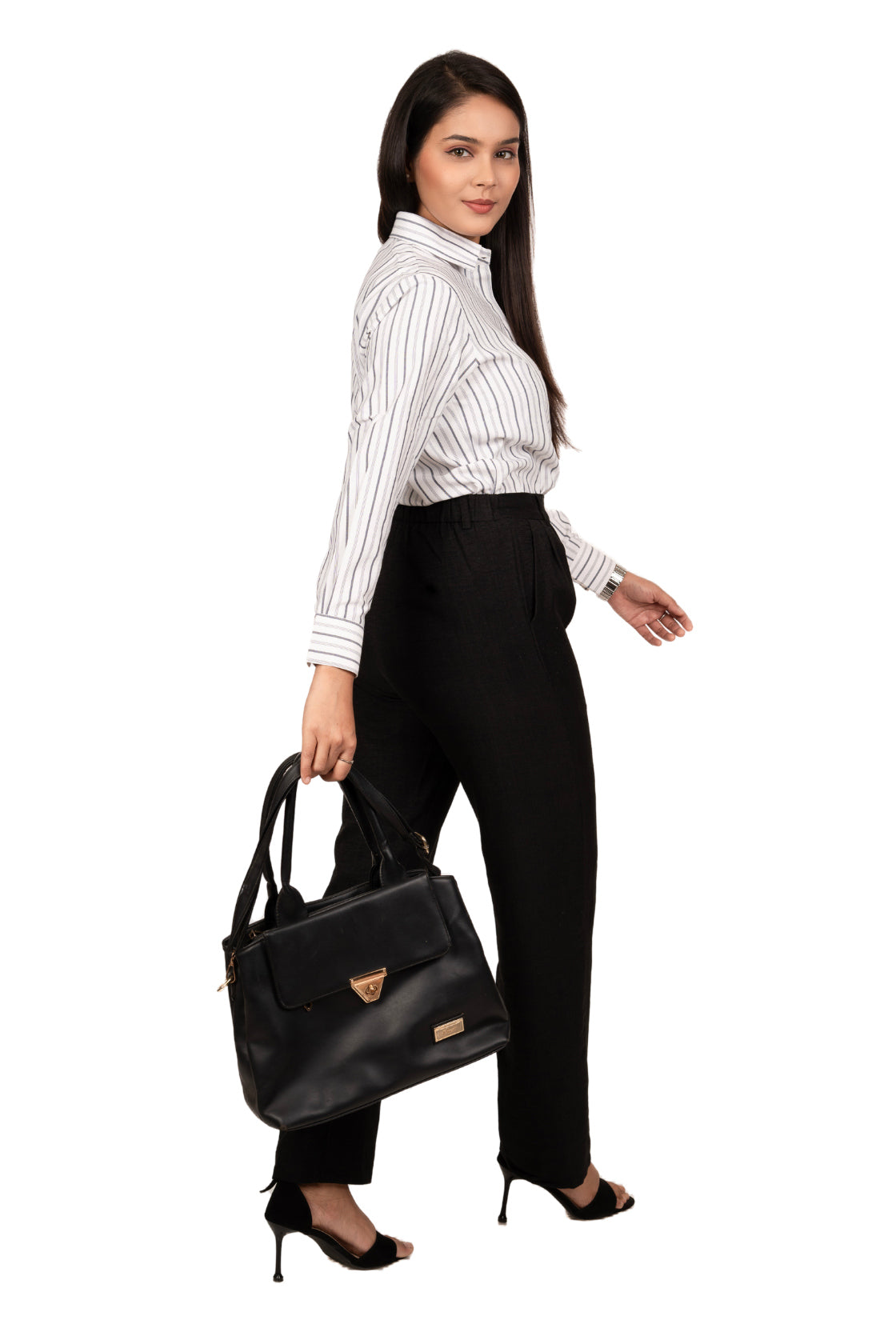 Classic White Women's Shirt With Black And White Stripes